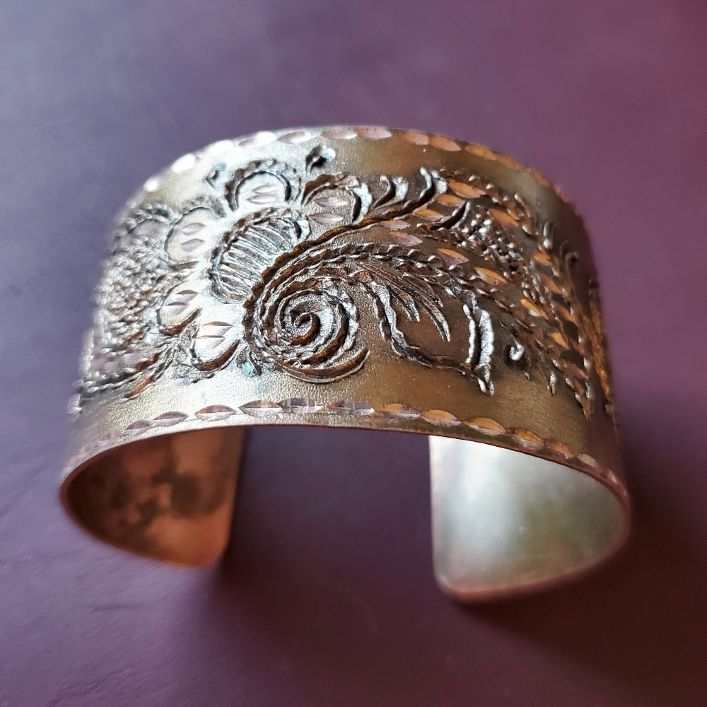 Engraved floral copper cuff bracelet adjustable